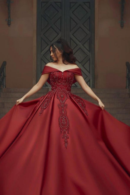 Burgundy Off the Shoulder Satin Long Prom Dresses, Wedding Dress With Beading OM0304