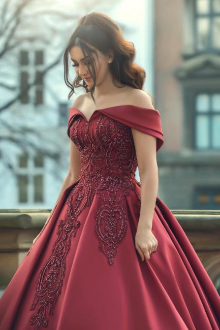 Burgundy Off the Shoulder Satin Long Prom Dresses, Wedding Dress With Beading OM0304