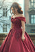 Burgundy Off the Shoulder Satin Long Prom Dresses, Wedding Dress With Beading OM0304