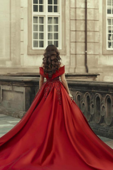 Burgundy Off the Shoulder Satin Long Prom Dresses, Wedding Dress With Beading OM0304