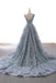 A Line 3D Floral V neck Tulle Straps Light Blue Prom Dresses with Lace Up OM0046