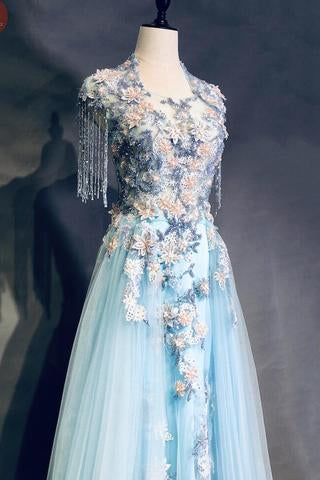 Light Blue Cap Sleeves Prom Dress with Beading, Formal Evening Dress PDN42