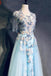 Light Blue Cap Sleeves Prom Dress with Beading, Formal Evening Dress PDN42