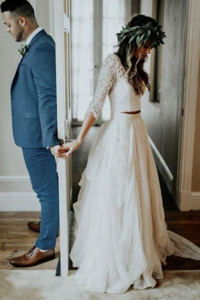 Boho Ivory Chiffon 3/4 Sleeves Two Piece Cheap Wedding Dress PDN88