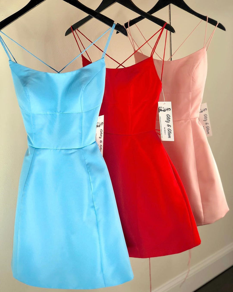 A line V Neck Pink Satin Spaghetti Straps Homecoming Dresses, Short Prom Dresses SK48