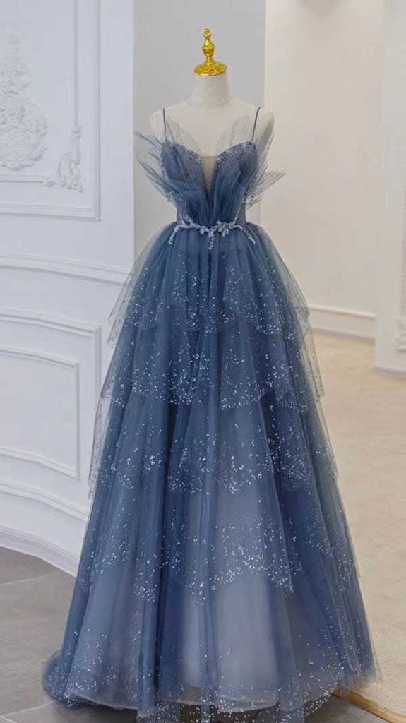 Gorgeous A-Line Spaghetti Straps Royal Blue Tulle Prom Dresses with Layers OM0063