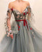 Gorgeous Off the Shoulder V Neck Tulle Long Sleeves Prom Dresses with Appliques OM0045
