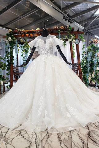 Elegant Ball Gown Big Wedding Dresses, Appliques Bridal Dress with Short Sleeves PDN73