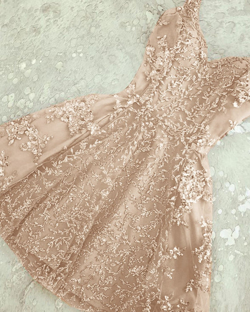 A line Silver Spaghetti Straps V Neck Short Mini Prom Dresses, Homecoming Dresses OMH0017