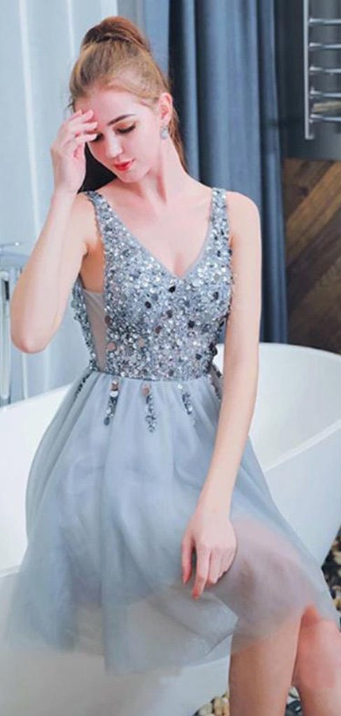 Bling A Line V Neck Light Blue Short Homecoming Dresses With Beading PDO42