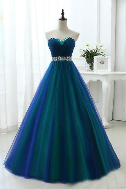 Contrast Colored Sweetheart Rhinestones Beading Sash A Line Long Prom Dresses PDS5