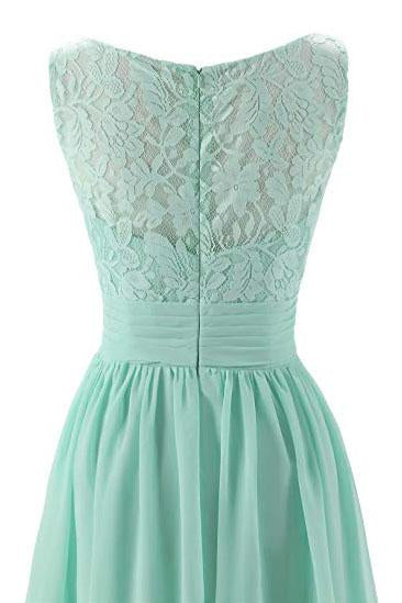 Mint Green V Neck Long Simple Pleated Bridesmaid Dress with Lace PPD57