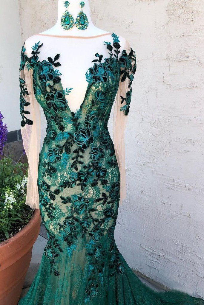 Mermaid Dark Green Prom Dresses With Long Sleeves Illusion Neck Party Dresses PDS6