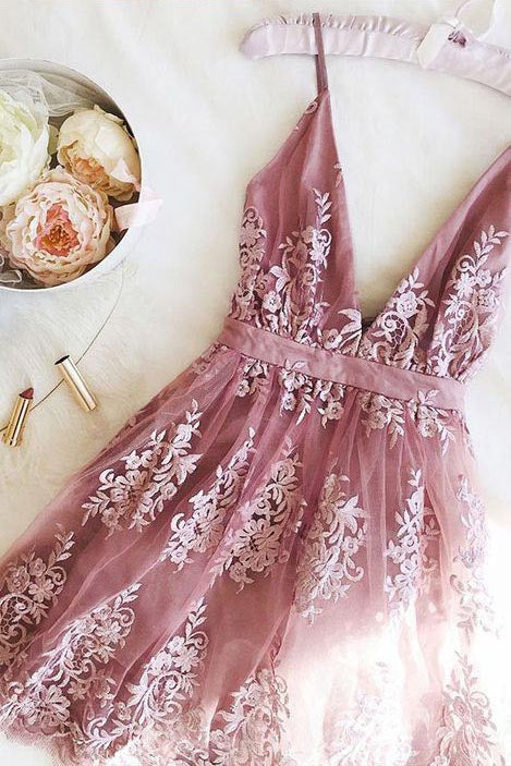 A line Dark Green Spaghetti Straps Lace Appliques V neck Short Homecoming Dresses OMH0025