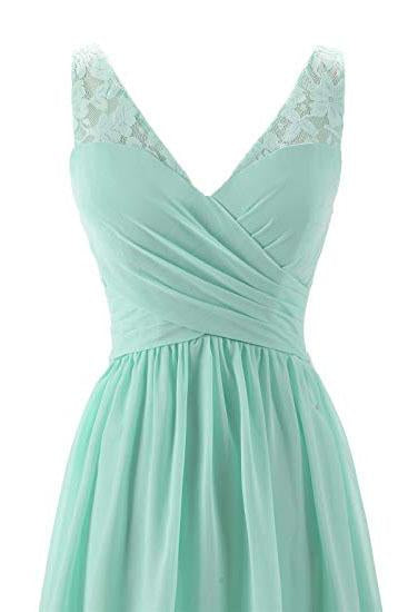 Mint Green V Neck Long Simple Pleated Bridesmaid Dress with Lace PPD57