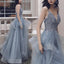 Deep V Neck Appliqued Spaghetti Straps Multi-Layered Organza Blue Bridal Dresses PDS11