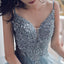 Deep V Neck Appliqued Spaghetti Straps Multi-Layered Organza Blue Bridal Dresses PDS11