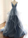 Deep V Neck Appliqued Spaghetti Straps Multi-Layered Organza Blue Bridal Dresses PDS11