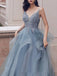Deep V Neck Appliqued Spaghetti Straps Multi-Layered Organza Blue Bridal Dresses PDS11