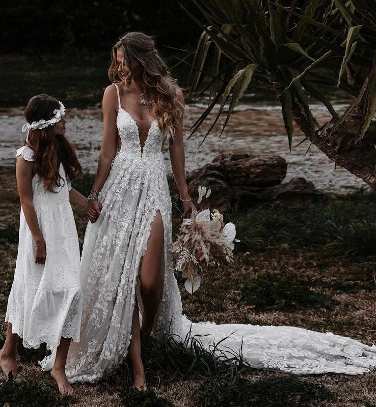 Charming A line Spaghetti Straps Lace Beach Wedding Dresses With Slit, Bridal Dress OW0096
