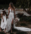 Charming A line Spaghetti Straps Lace Beach Wedding Dresses With Slit, Bridal Dress OW0096