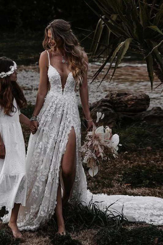 Charming A line Spaghetti Straps Lace Beach Wedding Dresses With Slit, Bridal Dress OW0096