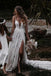 Charming A line Spaghetti Straps Lace Beach Wedding Dresses With Slit, Bridal Dress OW0096