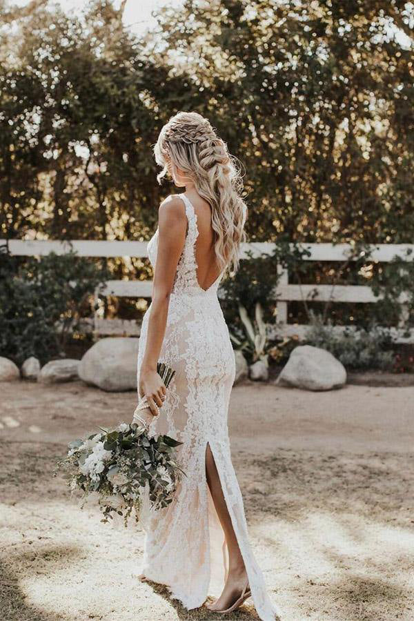 Mermaid Deep V Neck Lace Straps Boho Wedding Dresses, Backless Bridal Gowns OW0043