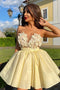 A Line Yellow Satin Strapless Short Prom Dresses with Flowers, Homecoming Dresses OMH0056