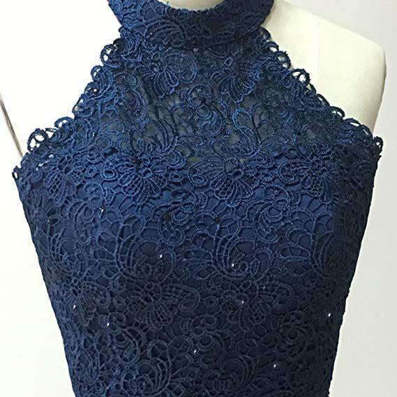 Two Piece Dark Blue Short Homecoming Dress with Lace, A Line Satin Graduation Dress PPD55