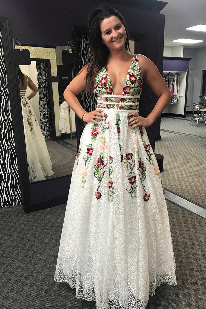 Charming V Neck Floral Embroidery Long Lace Prom Dress with Pocket PDJ1