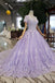 Lilac Ball Gown Short Sleeves Prom Dresses with Lace, Quinceanera Dress PDL41