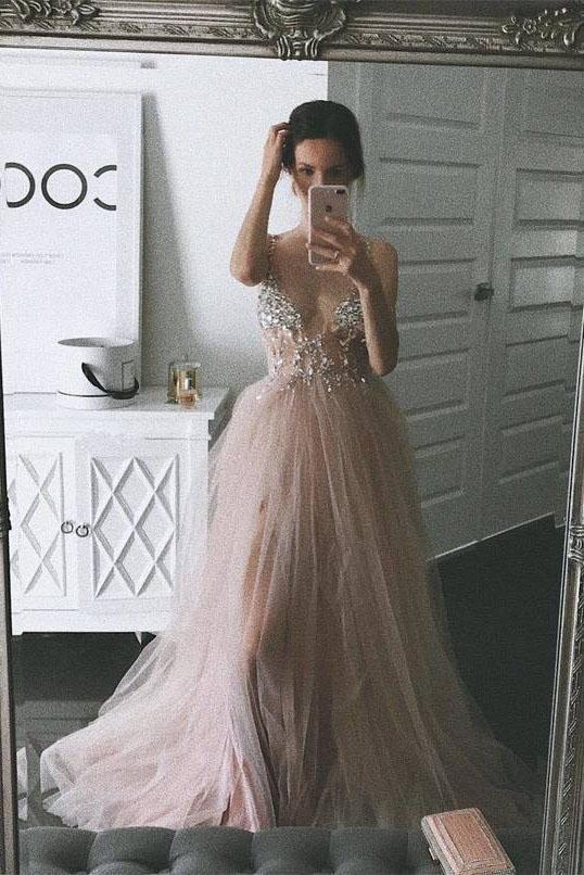 Dusty Pink A Line Tulle Prom Dress, V Neck Long Graduation Dress with Rhinestone PDJ48