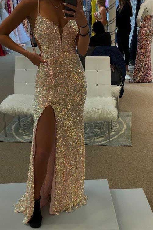 Sparkle Mermaid Spaghetti Straps Sequins V Neck Long Prom Dress With Side Slit OM0061