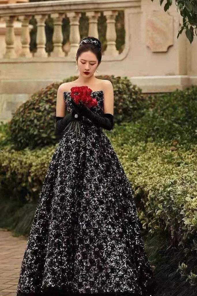 Sparkly A line Sequins Strapless Long Prom Dress, Unique Floor Length Formal Dress OM0302
