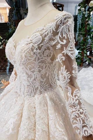 Princess Long Sleeves Ball Gown Lace Wedding Dresses, Long Bridal Dress PDN43