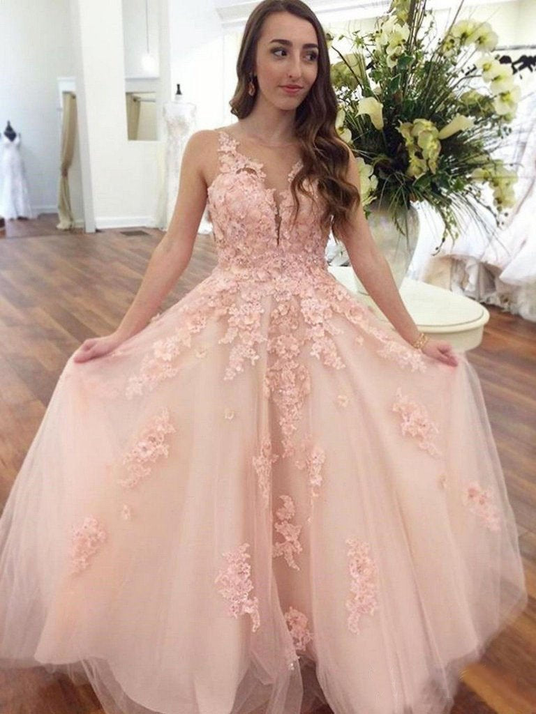 Elegant Pink Ball Gown Prom Dresses With Lace Appliques PDO90