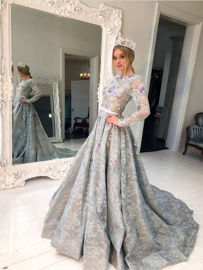 Long Sleeve Grey Lace A Line Long Evening Prom Dress for Teens PDG90