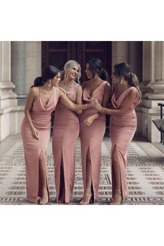Beautiful Sheath Sleeveless Pink Long Bridesmaid Dress with Split PDG54