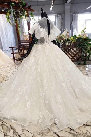 Elegant Ball Gown Big Wedding Dresses, Appliques Bridal Dress with Short Sleeves PDN73