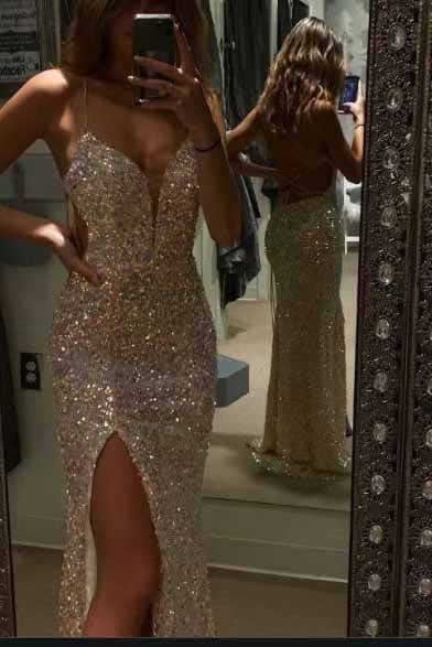 Sparkle Mermaid Spaghetti Straps Sequins V Neck Long Prom Dress With Side Slit OM0061