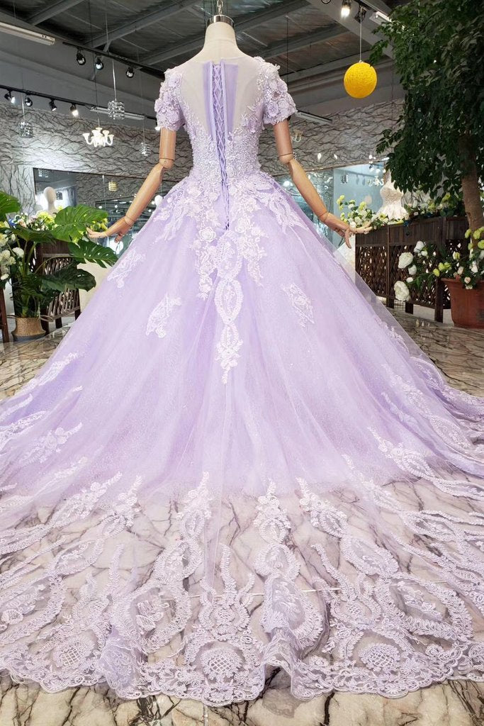Lilac Ball Gown Short Sleeves Prom Dresses with Lace, Quinceanera Dress PDL41