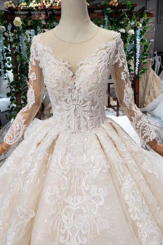 Princess Long Sleeves Ball Gown Lace Wedding Dresses, Long Bridal Dress PDN43