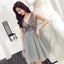 A Line V Neck Sparkle Short Grey Backless Homecoming Dresses Party Dress PDN97