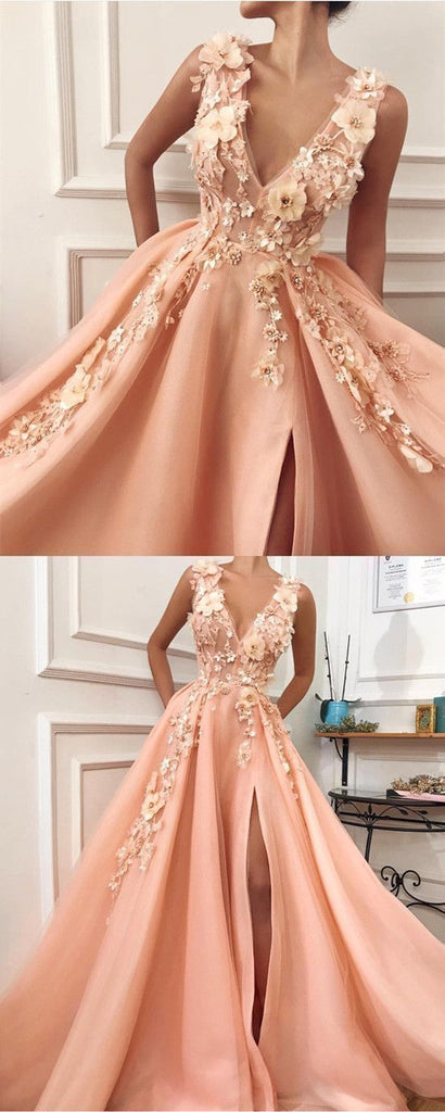 Charming V neck Long Prom Dress,Tulle Evening Party Dress with Flower PDH55