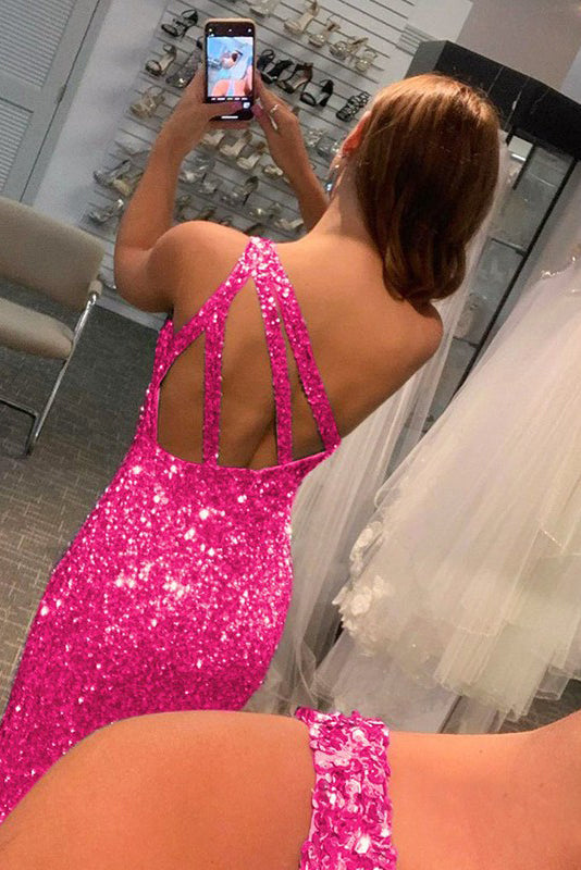Sheath Fuchsia Sequins One Shoulder Sleeveless Slit Prom Dresses, Evening Dresses OM0318
