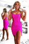 Fuscia Spaghetti Straps Sheath Short Prom Dresses, Sequined Homecoming Dress OMH0197