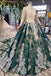 Green Long Sleeves Ball Gown Lace Prom Dress with Appliques, Long Prom Gown PDP51