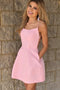 A line V Neck Pink Satin Spaghetti Straps Homecoming Dresses, Short Prom Dresses SK48