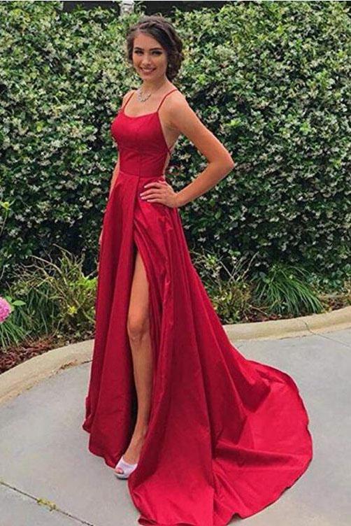 Royal Blue Spaghetti Strap A Line Prom Dress Sexy Long Split Party Dresses OM0006